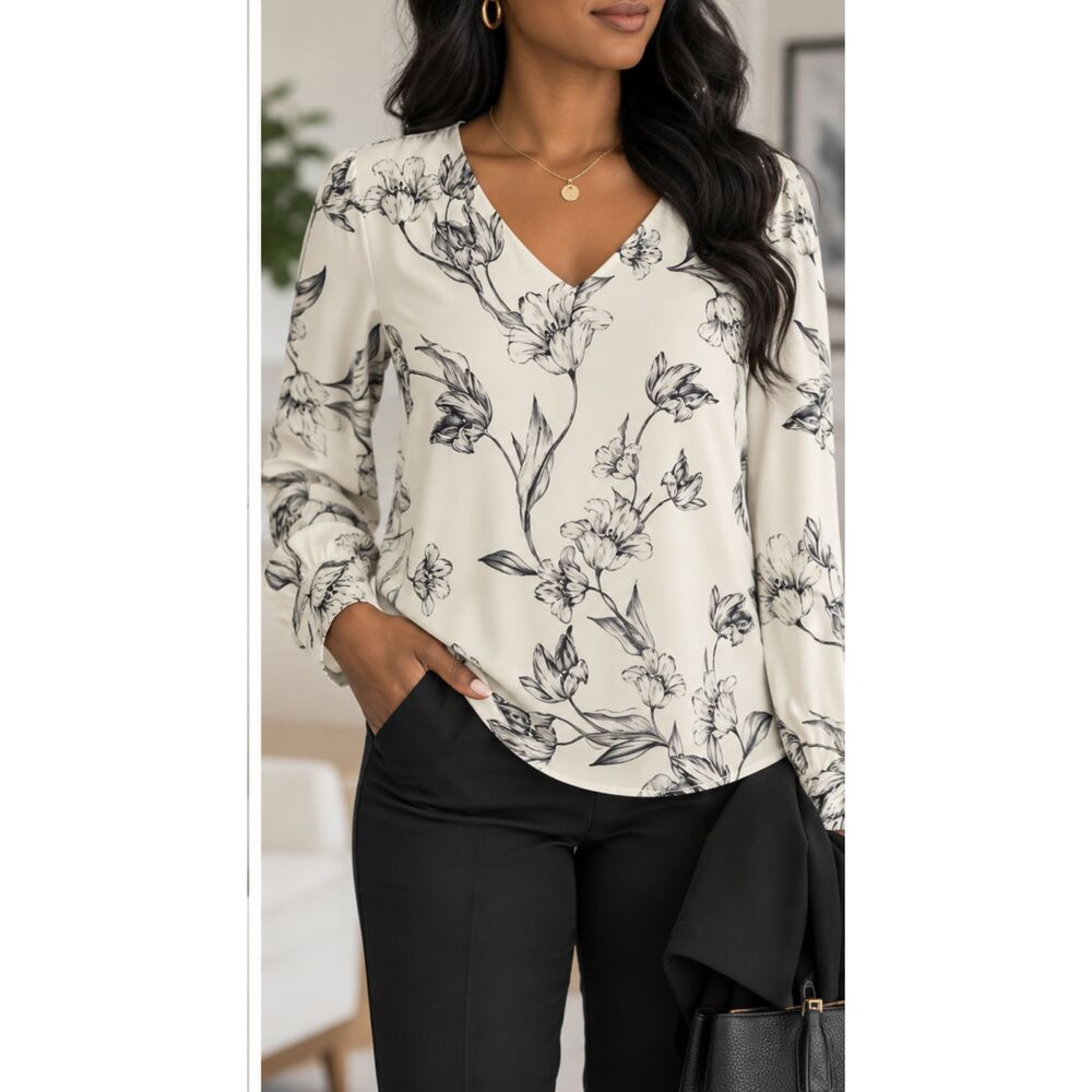 White House Black Market Cream Black Floral V-Neck Long Sleeve Blouse Large